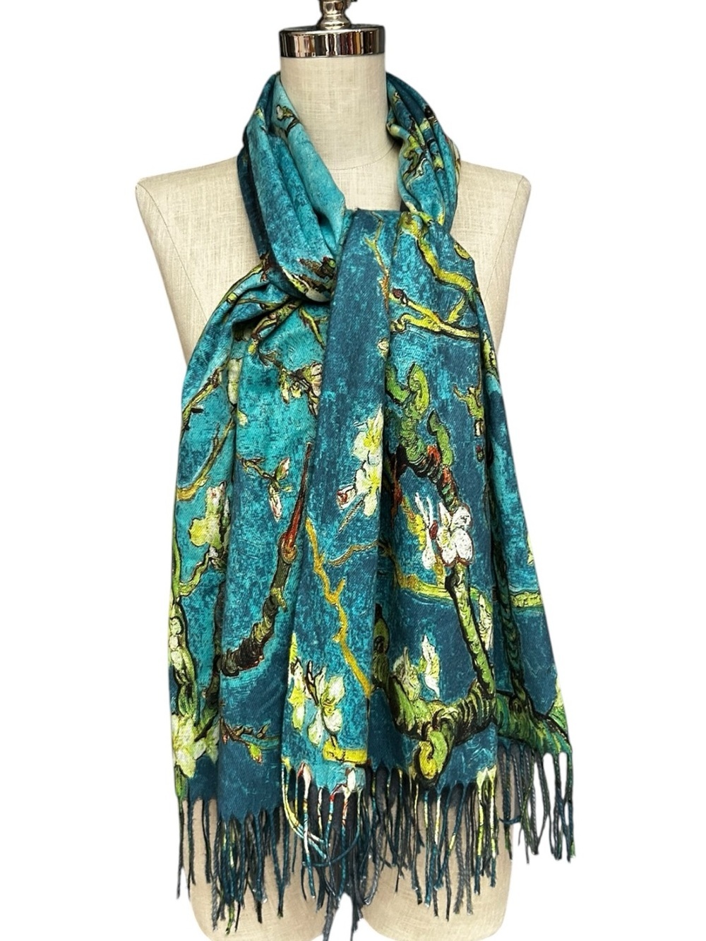 Van Gogh Almond Blossom Art Shawl Wrap Fringe Scarf Blue Floral Wool Blend